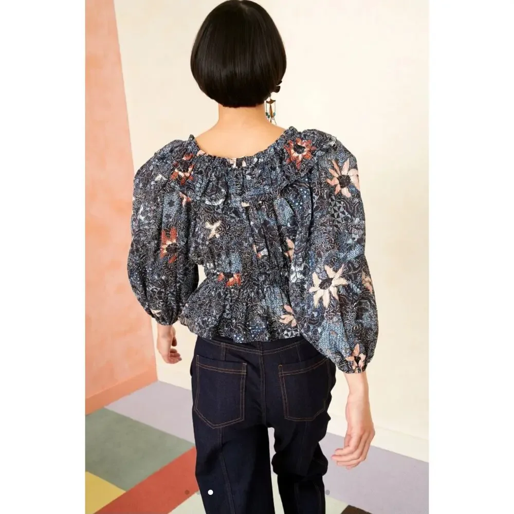 Ulla Johnson Navy Azul Asmara Blouse Floral Bubble Sleeve Blouse Size 6